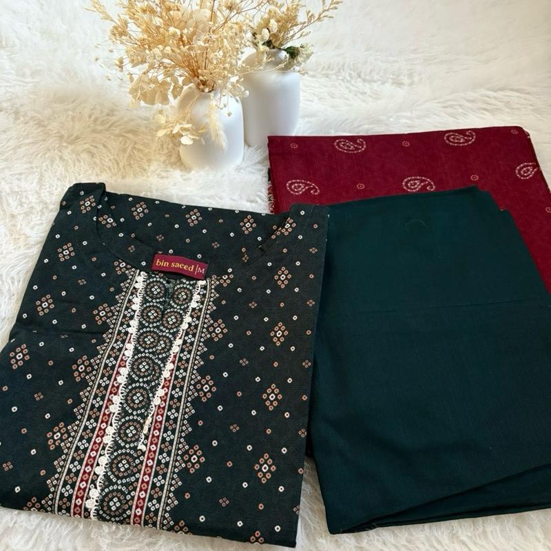 Khaddar Bin Saeed 3 piece green with red  Fabric Print Lace Shawl Womenswear Traditional Clothes