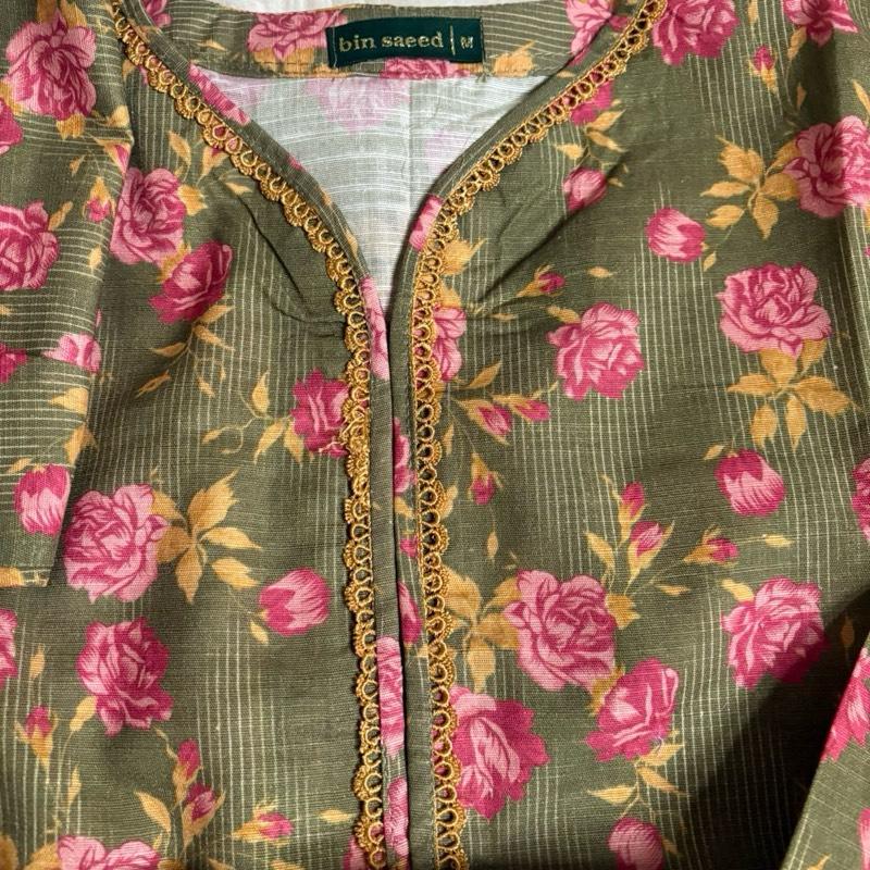 Bin Saeed 3 piece green with pink floral print kameez Asian Elegance Clothes Womenswear