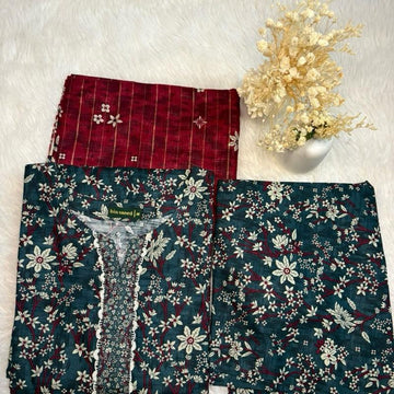 Khaddar Bin Saeed 3 piece green with red, floral print and white lace  Fabric Print Lace Shawl