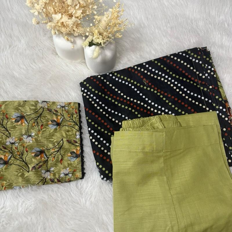Safina Khaddar 3 Piece Suit Light Green with Black Lace - Printed Kameez, Plain Trousers & Printed Shawl for Everyday Wear