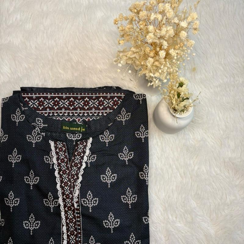 Khaddar Bin Saeed 3 piecewith white lace  Fabric Print Lace Shawl Clothes