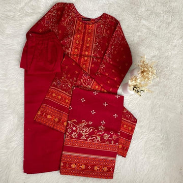 Bin Saeed 3 Piece Khaddar Suit - Vibrant Red Kameez with Lace Detail & Plain Trousers Matching Printed Shawl Set