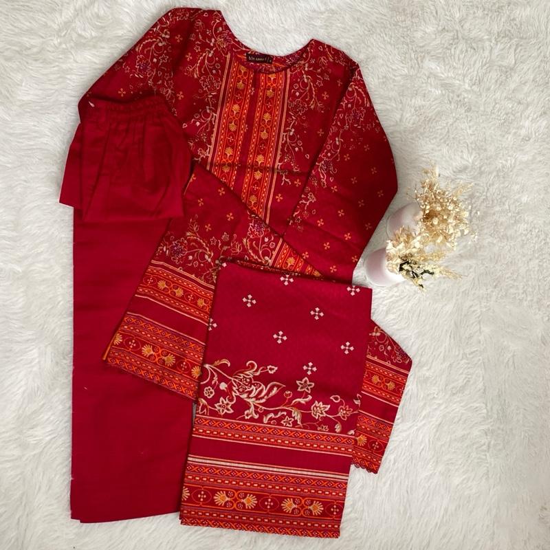 Bin Saeed 3 Piece Khaddar Suit - Vibrant Red Kameez with Lace Detail & Plain Trousers Matching Printed Shawl Set