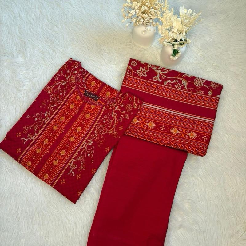 Bin Saeed 3 Piece Khaddar Suit - Vibrant Red Kameez with Lace Detail & Plain Trousers Matching Printed Shawl Set