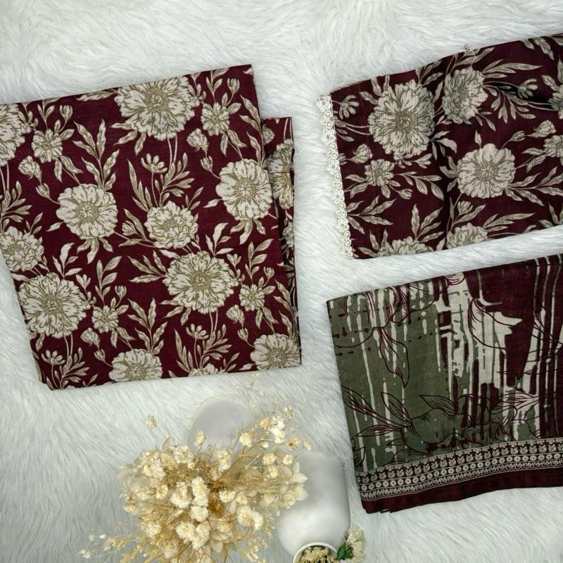 Khaddar Bin Saeed 3 piece black with red floral print  Fabric Print Lace Shawl